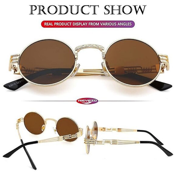 Round Steampunk Sunglasses 2 Pack (Gold/Grey + Gold/Brown) - Picture 6 of 7